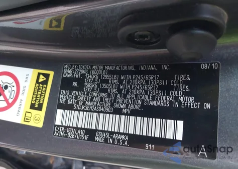 2010 Toyota Highlander Se V6 из США, поврежденный, VIN 5TDJK3EH2AS040903